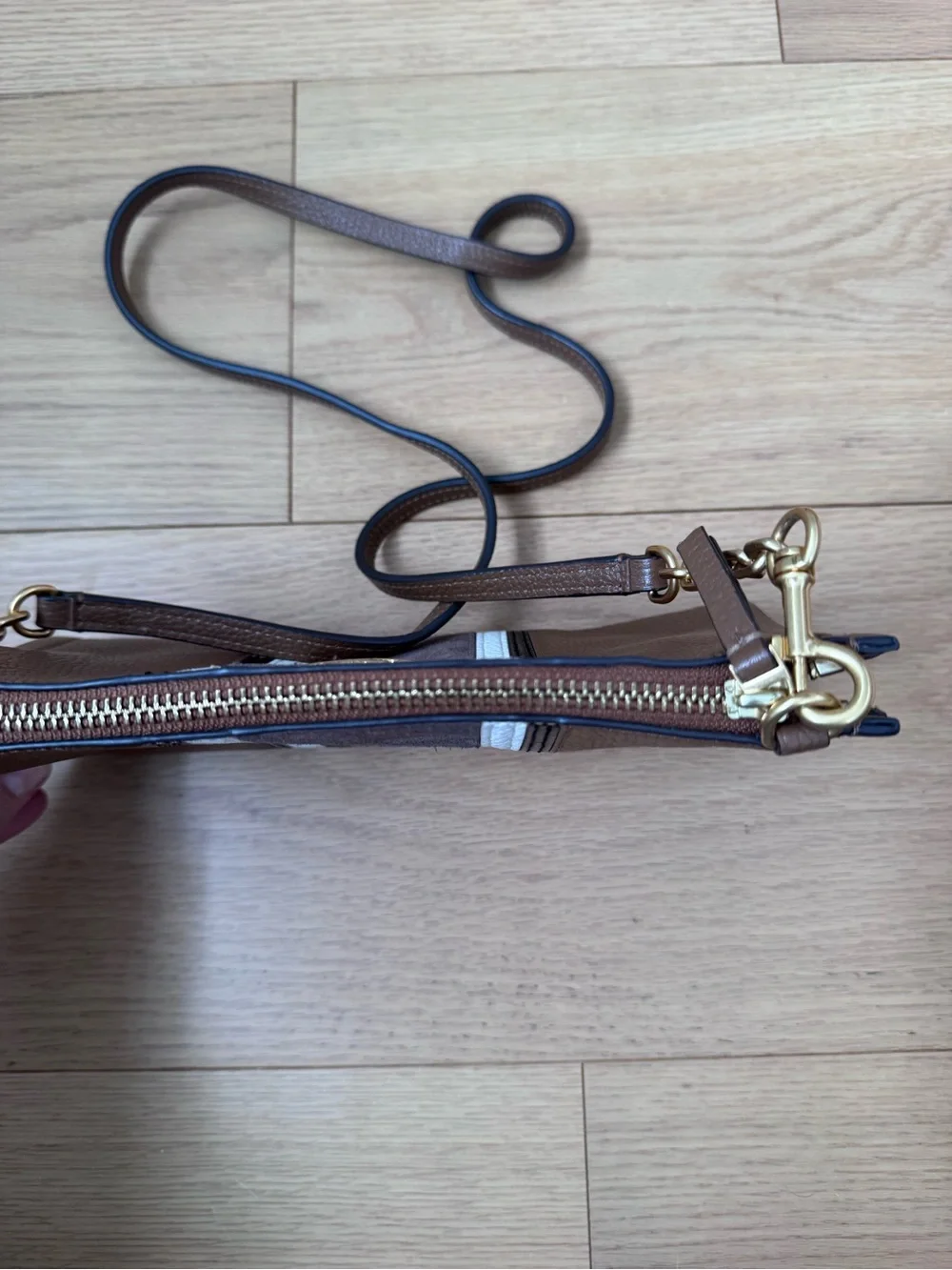 Tory Burch Carson Brown Leather Crossbody with White and Black Stripe